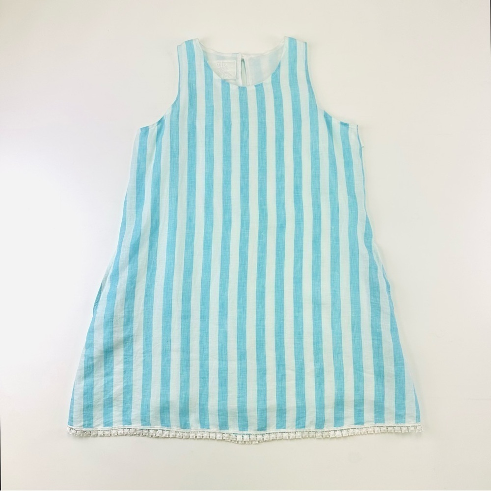Positamo white blue stripe Aline linen cotton lined sleeveless dress Large
